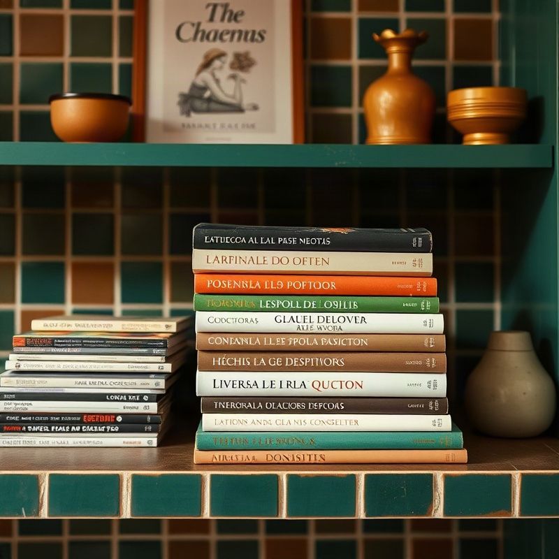 Pila de libros y revistas literarias en un estante de tono esmeralda