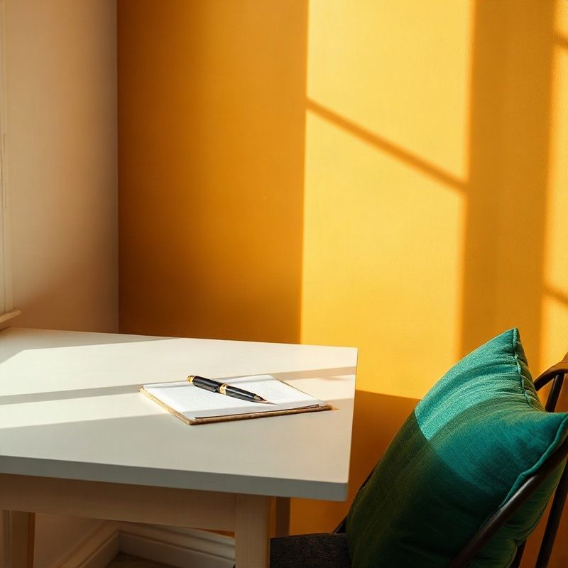 Estudio luminoso en Valencia con escritorio, papel, portátil y cojín verde esmeralda