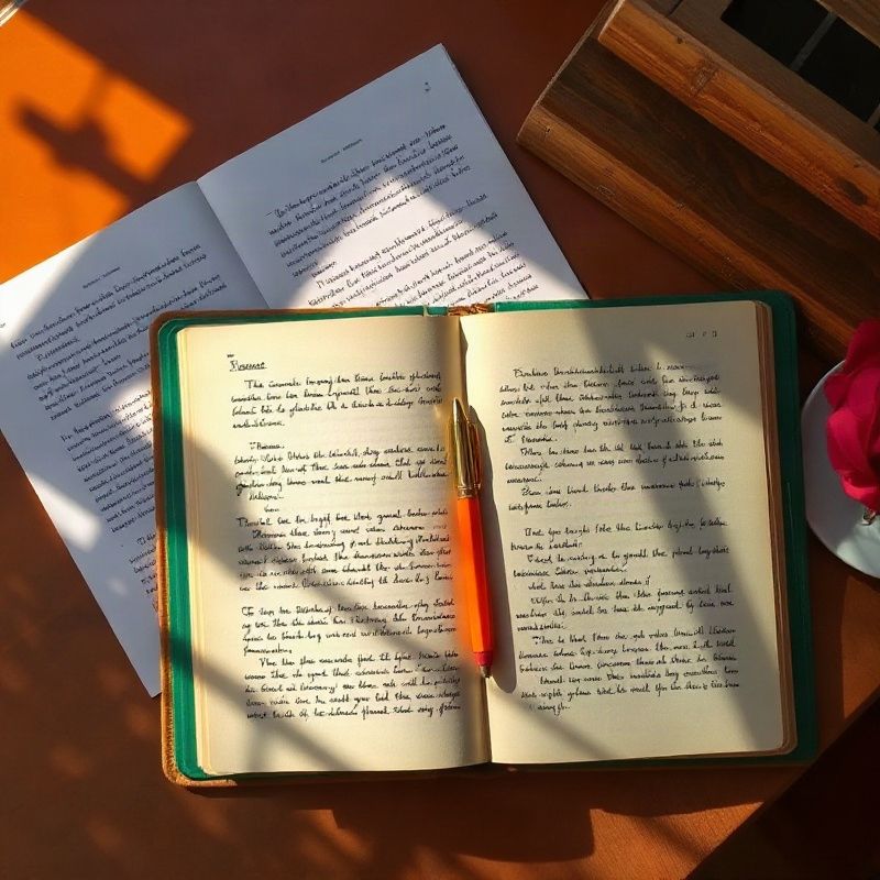 Escritorio de lectura en Valencia con notas manuscritas y un cuaderno verde esmeralda