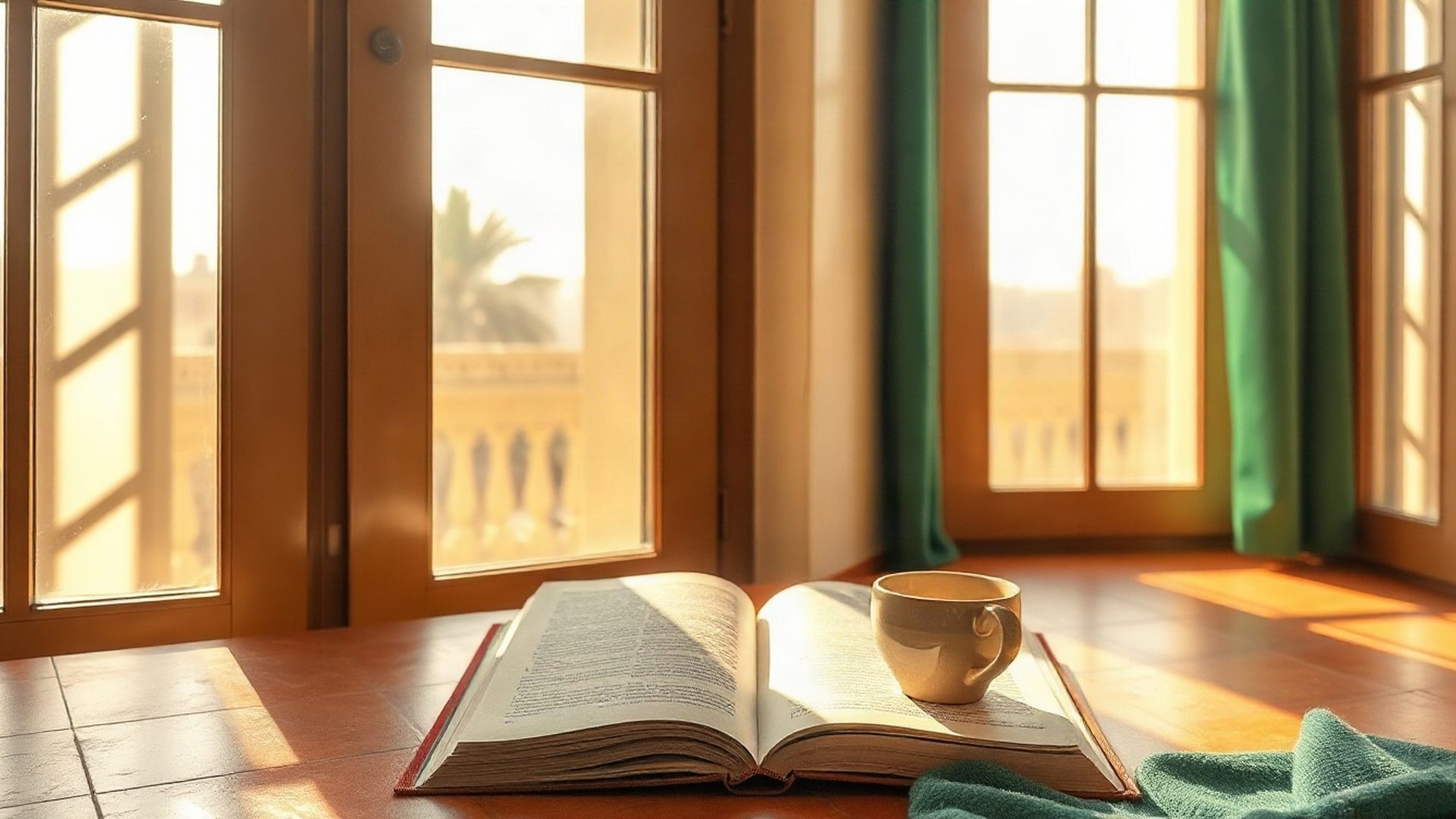 Luz cálida de una mañana en Valencia sobre un libro abierto y una taza de cerámica